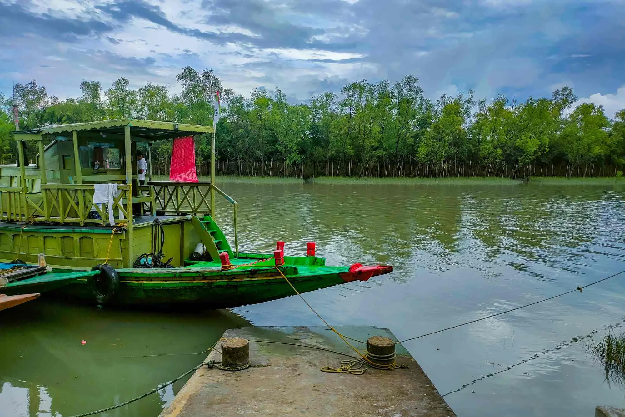 Green colored boat anchored on the Sundarbans riverbank, surrounded by mangrove forest.