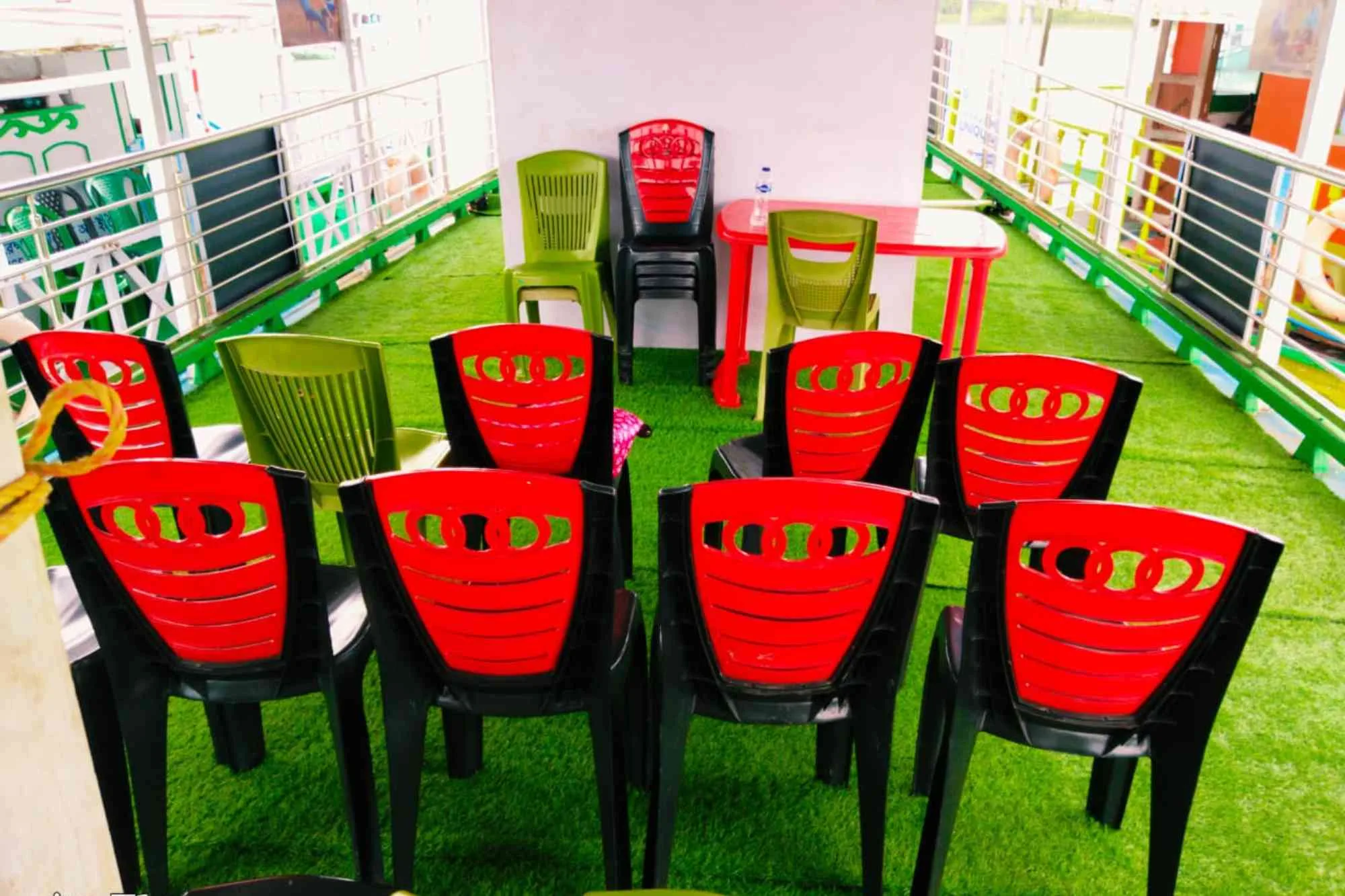 Top view of Sundarban Mondal Travels boat with seating and 360-degree view.