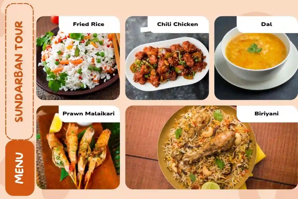 Creative Sundarban food menu with ilish biryani, fried rice, chili chicken, dal. sundarban tour food