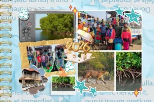 Sundarban New Year tour collage showing mangrove forest, tourists, rivers, hotels, and boat safari