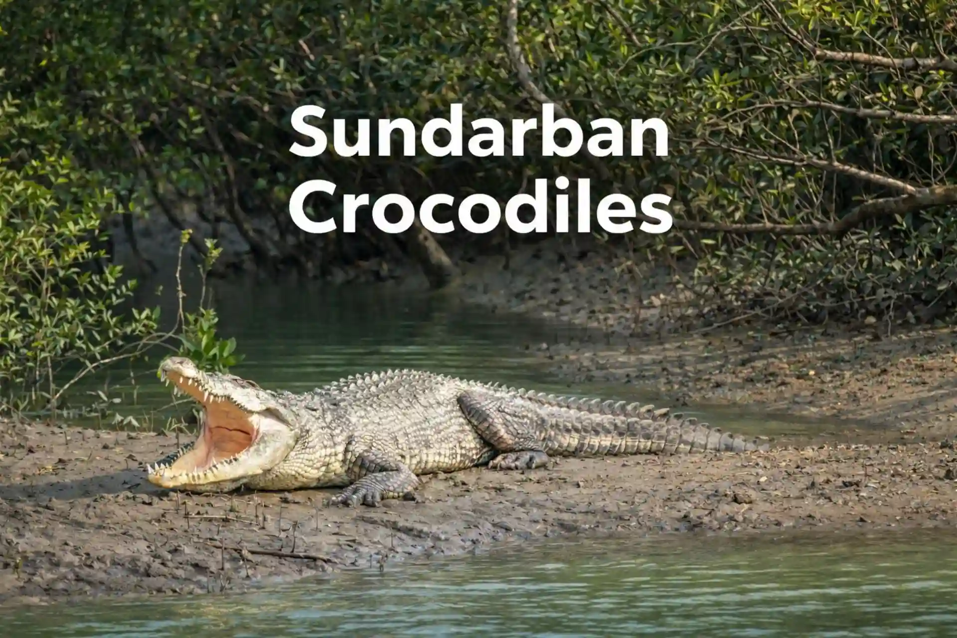 Sundarban crocodile basking on mangrove riverbank during winter sunlight