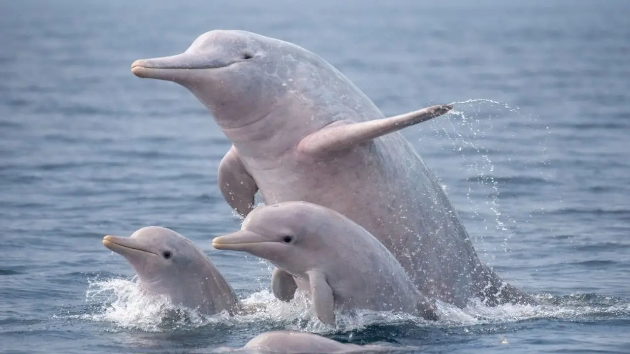 Group of river dolphins jumping out of water in Panchamukhani river Sundarban