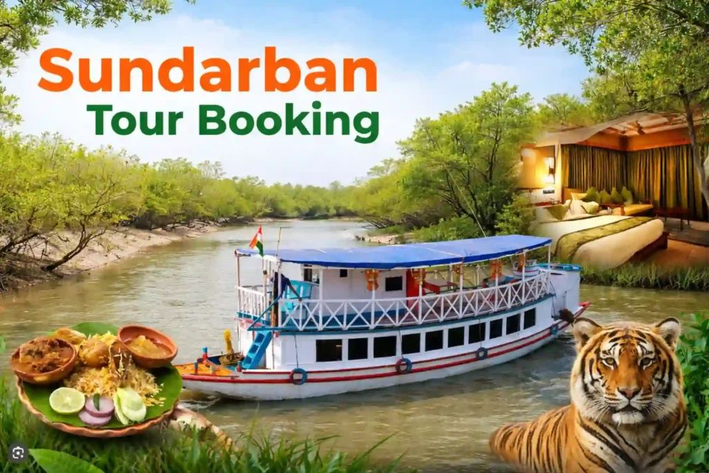 sundarban tour booking​ banner showing forest boat safari, hotel stay, Bengali food, and Royal Bengal Tiger experience