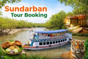 sundarban tour booking banner showing forest boat safari, hotel stay, Bengali food, and Royal Bengal Tiger experience