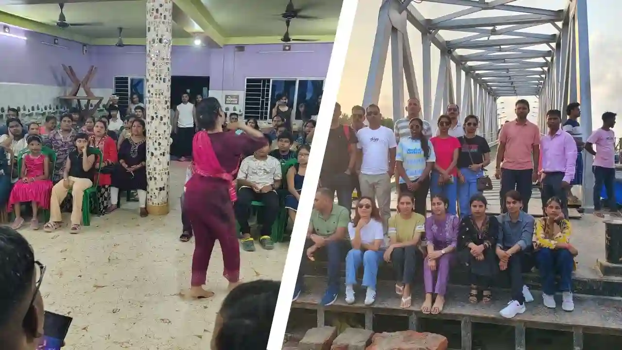 Tourist group at hotel and Dobanki Watchtower during Sundarban group tour
