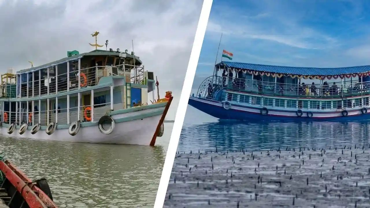 Two premium Sundarban river cruise boats sailing through scenic mangrove waterways