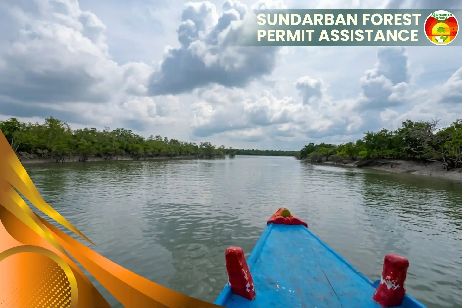 Tourist boat entering a narrow Sundarban canal representing Sundarban Forest Permit Assistance