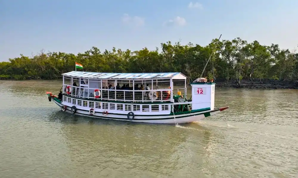 Spacious upper deck boat cruising in Sundarban